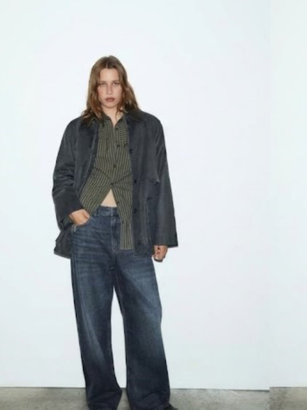 ZARA WAXED JACKET WITH CORDUROY COLLAR Navy Blue Size L NWT * Read Description